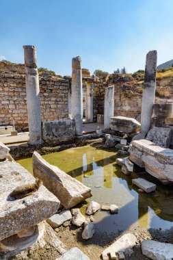 Efes (Efes) tuvaletlerinin manzaralı harabeleri. Türkiye 'nin İzmir ilindeki antik Yunan kentinin belediye tuvaletlerinin muhteşem manzarası. Efes, Türkiye 'de popüler bir turizm merkezi..
