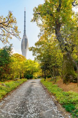 Parktan Camlica Kulesi 'nin manzarası. Kule turistler ve sakinler için yeni bir ilgi odağı..