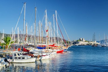Milta Bodrum Marina 'da demirlemiş yatların manzarası. Liman kenti, Türk Rivierası 'nda popüler bir turizm beldesi..