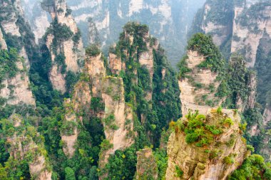 Çin 'in Hunan Eyaleti' ndeki Zhangjiajie Ulusal Orman Parkı 'ndaki Tianzi Dağları' nın (Avatar Dağları) doğal kuvars sütunlarının muhteşem manzarası. Muhteşem bir manzara..