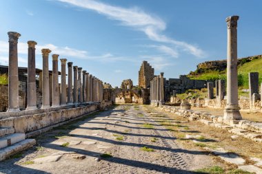 Antalya ilinin Perge ilçesinde sahne sütunları (Perga). Antik Yunan şehrinin muhteşem manzarası. Perge Türkiye 'de popüler bir turizm beldesi.