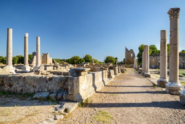 Antalya ilinin Perge ilçesinde sahne sütunları (Perga). Antik Yunan şehrinin muhteşem manzarası. Perge Türkiye 'de popüler bir turizm beldesi.