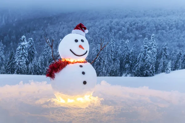 Αστείος Χιονάνθρωπος Κομψό Κόκκινο Καπέλο Και Κόκκινο Scalf Χιονισμένα Βουνά — Φωτογραφία Αρχείου