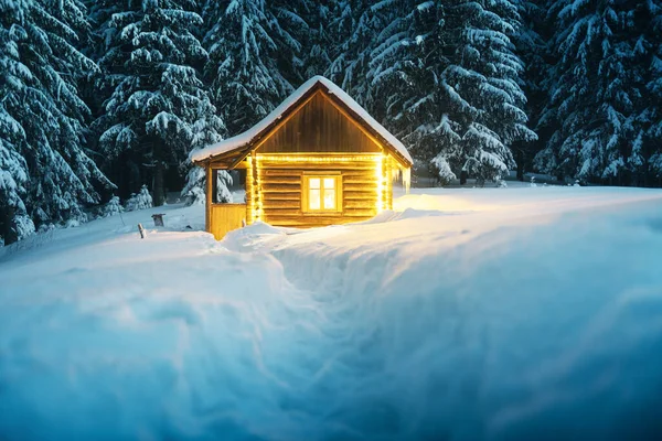 Fantastic Winter Landscape Glowing Wooden Cabin Snowy Forest Cozy House — Stock Photo, Image