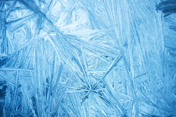 Jul Bakgrund Med Fryst Mönster Fönsterglas Real Blå Textur Vinter — Stockfoto