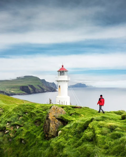 Foggy View Old Lighthouse Mykines Island Faroe Islands Denmark Landscape — Stock Photo, Image