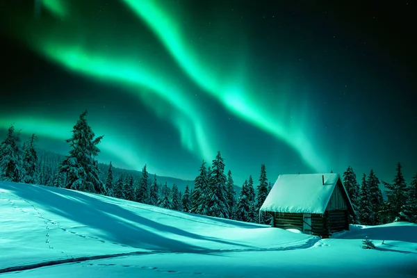 Fantastic Winter Landscape Wooden House Snowy Mountains Northen Light Night — Stock Photo, Image