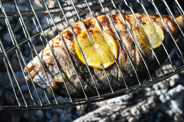 用柠檬片在烤架上烤土拨鼠鱼 食品摄影 — 图库照片