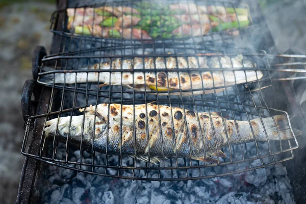 在烤架上烤鲈鱼和芦笋 夏天在后院 食品摄影 — 图库照片