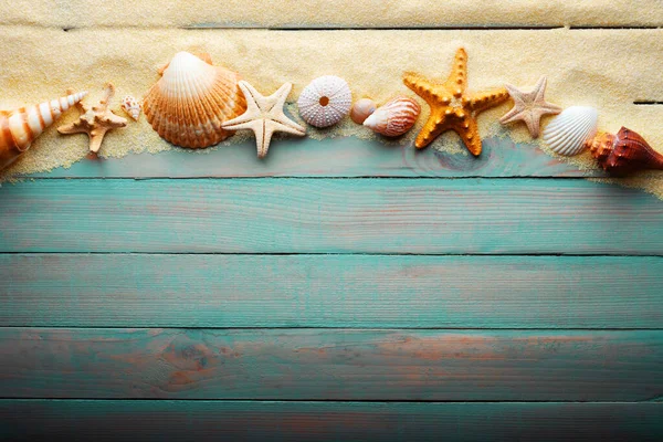 Vacations Summer Time Concept Starfish Sea Shells Turquoise Wooden Table — Stockfoto