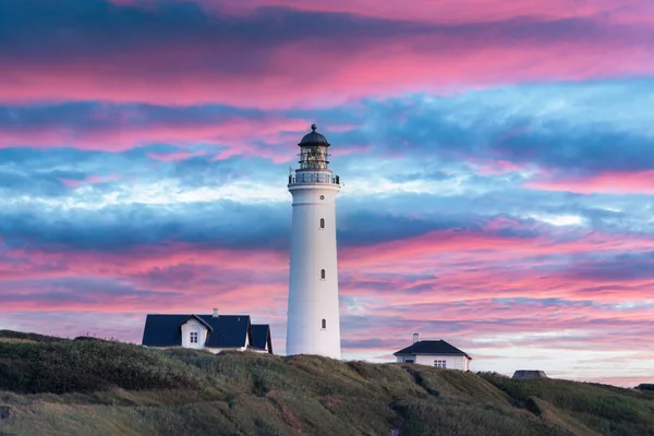 丹麦赫特谢尔灯塔迷人的粉色日落景象 景观摄影 — 图库照片