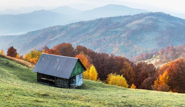 喀尔巴阡山脉绿色草地上的旧木屋 背景是五彩斑斓的秋天树 景观摄影 — 图库照片