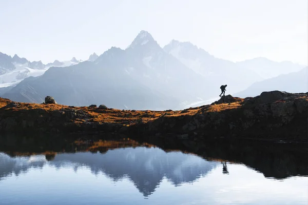Tourist Hiking Lac Cheserys Lake French Alps Monte Bianco Mountains — Stock Photo, Image