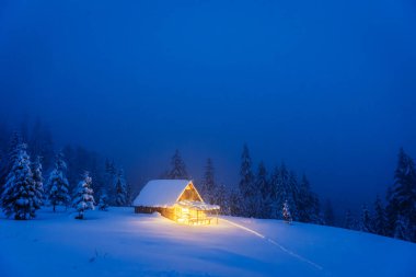 İzole bir ahşap kulübe ve ormanın derinliklerindeki bir dağ çayırında karla kaplı köknar ağaçlarının olduğu bir kış manzarası. Noel kartpostalı. Karlı dağ ormanları