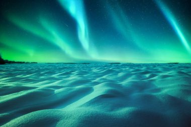 Aurora Borealis 'in kuzey ışıklarıyla dolu karlı bir tarla. Yeşil kutup ışıkları ve yıldızlarıyla gökyüzü. Peyzaj fotoğrafçılığı