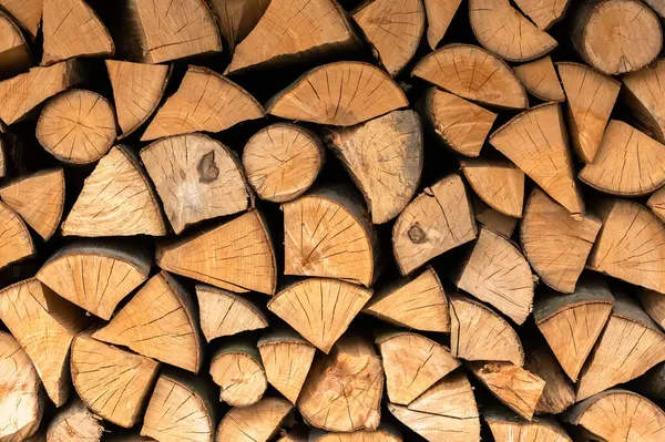 Split Hardwood Firewood Stacked Row Dry Dry Firewoods Texture — Stock Photo, Image