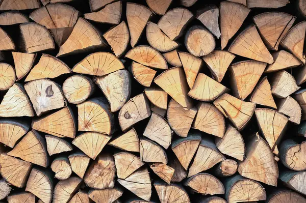 劈开的硬木柴堆成一排烘干 干柴质地 免版税图库图片