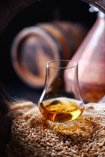 Glass Whiskey Old Oak Barrel Copper Alambic Distiller Background Traditional Stock Image