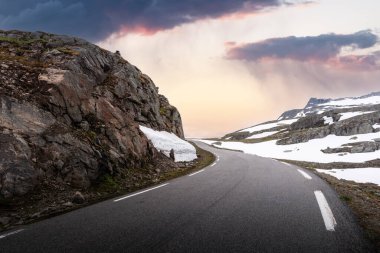 Renowned mountain road Aurlandsvegen also known as Bjorgavegen covered in snow during summer in Aurland, Norway