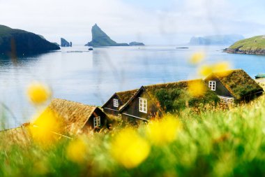 Sunny summer day at Faroe islands. Traditional faroese grass-covered cabins on the Atlantic ocean coast. Drangarnir and Tindholmur sea stacks on background. Village Bour, Vagar island, Denmark clipart