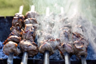 Barbekü ızgarasında önlük giyen domuz şiş yalamış. Açık havada mangal kömürü şişleri yapıyorum.