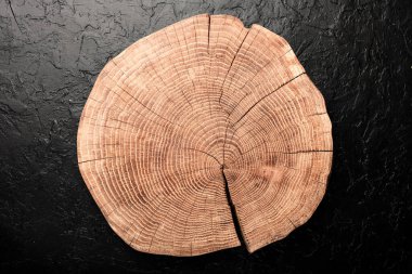 Siyah beton arka planda ağaç gövdesinden oyulmuş yuvarlak ahşap tahta. Doğal desenli arka plan gibi kullanılabilir