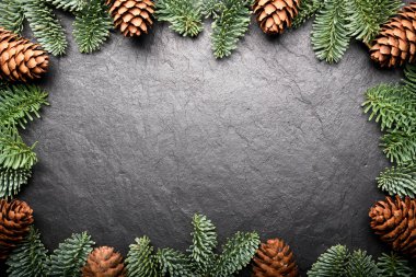 Noel ve Kış tatilleri tebrik kartı, çerçeve, pankart. Xmas. Noel. Yeni yıl. Doğal köknar ağacı ve koniler siyah arkaplan manzaralı süsler. Üst Manzara. Düz yatıyordu