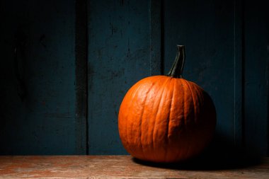 Eski, paslı ahşap bir masada mavi kırsal duvarda büyük turuncu bir balkabağı. Şükran Günü ya da Cadılar Bayramı. Sonbahar, sonbahar ve balkabağı