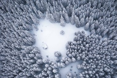 Kış dağlarında, donmuş ormandaki rahat ahşap kulübe. Hava aracı üst görüntüsü. Peyzaj fotoğrafçılığı