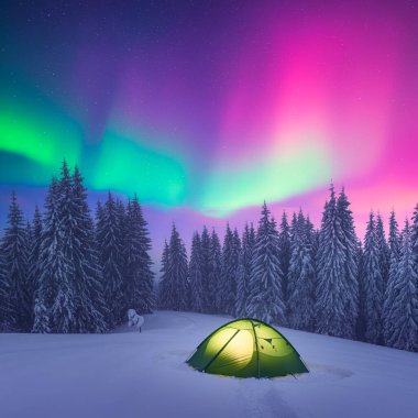 Yeşil çadır, mor ve yeşil Aurora borealis ile inanılmaz yıldızlı gökyüzünün arka planına karşı içeriden aydınlatıldı. Kuzey ışıkları kış ormanında. Kutup ışıkları ve yıldızlarıyla gökyüzü