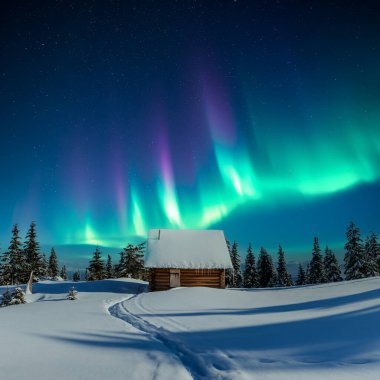 Karlı dağlardaki eski ahşap kulübe inanılmaz kuzey ışıkları altında yıldızlı gökyüzünde. Kış zamanı kutup ışıklarıyla Noel manzarası. Aurora Borealis