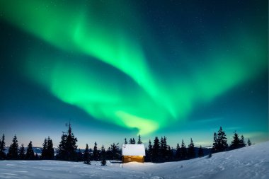 Karlı ormanda, inanılmaz kuzey ışıklarının altındaki küçük ahşap kulübe. Noel tatili ve kış tatili konsepti. Aurora Borealis. Kutup ışıkları