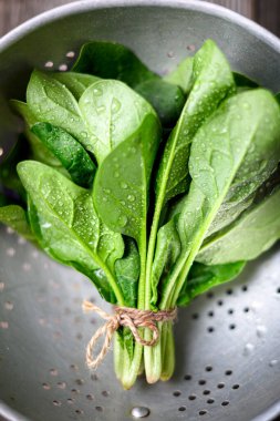 Metal bir kevgirde taze ıspanak yapraklarını kapatın. Çiğ organik bebek ıspanağı yığını, üst manzara