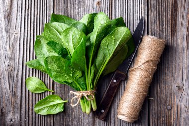 Tahta masanın üzerinde bir tutam sicim olan taze yeşil ıspanak. Organik ıspanak yeşillikleri üst görüntüde. Yemek fotoğrafçılığı