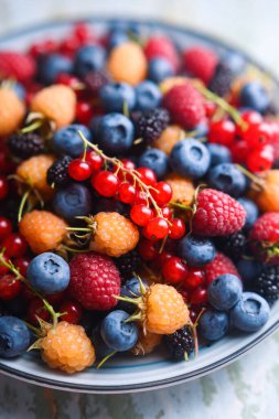 Mavi bir tabakta karışık böğürtlen. Yabanmersini, ahududu, kuşüzümü, kuşüzümü ve dut. Yemek fotoğrafçılığı