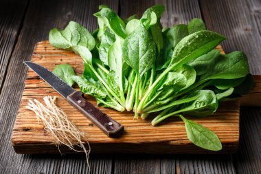 Tahta bir tahtanın üzerinde eski bir bıçakla doğranmış yeşil ıspanak yaprakları. Yakın plan mutfak fotoğrafçılığı.