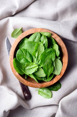 Tahta bir kasede bebek ıspanak yaprakları, su damlalarıyla yeni yıkanmış. Organik çiğ yeşilliklere yakın çekim