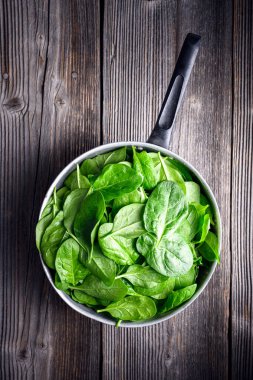 Taze yıkanmış yeşil ıspanak yaprakları kırsal ahşap masada metal bir süzgeçte. Çiğ organik bebek ıspanağı yığını.