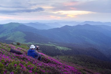 Nefes kesen yaz dağ manzarasında çalışan bir fotoğrafçı çiçek açan rhododendronlarla ve gün doğumunun renkleriyle