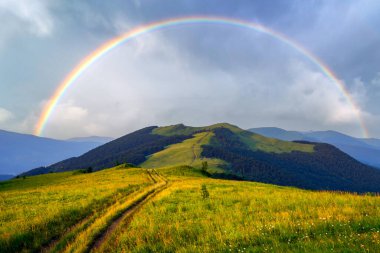 Kırsal yol ve güzel yağmurlu dramatik gökyüzü. Yaz dağlarında inanılmaz bir manzara. Yeşiller yemyeşil çayırlarda, harika bir akşam güneşi altında. Peyzaj fotoğrafçılığı