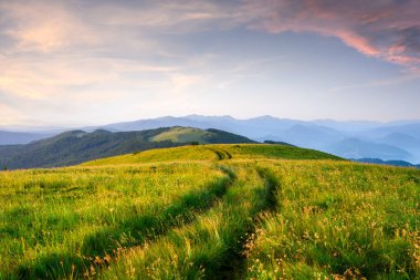 Akşam güneşinde parlayan yemyeşil dağ otlaklarıyla çevrili dolambaçlı bir kır yolu üzerinde dramatik bir gökyüzü. Yaz dağları. Büyüleyici doğa fotoğrafçılığı