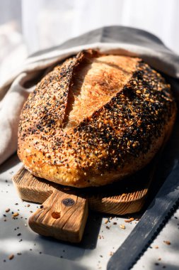 Çatlak hamurlu çıtır ekşi ekmek ve farklı tanelerle kaplanmış ve keten havluya sarılmış sert doku. Çiftlik usulü zanaatkar somunu kapat.