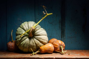 Balkabağı çeşitliliği, eski masayı sonbahar tatilleri için sıcak kırsal tarzda dekore eder. Cadılar Bayramı teması ya da geleneksel sonbahar arkaplanı için biçilen ruh hali ideal