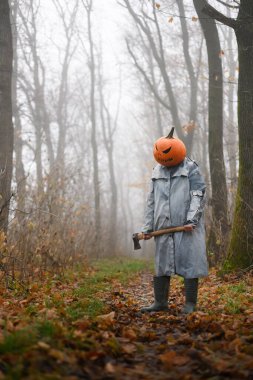 Balkabağı kafalı ve baltalı yırtık pırtık pelerinli korkuluk sisli sonbahar ormanında duruyor. Ürkütücü Cadılar Bayramı figürü perili ormanda ürpertici bir kostüm temalı.