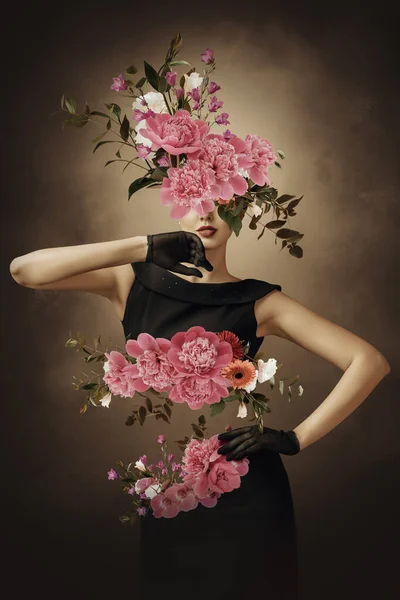 Absztrakt Kortárs Szürreális Művészet Kollázs Portré Fiatal Virágokkal — Stock Fotó