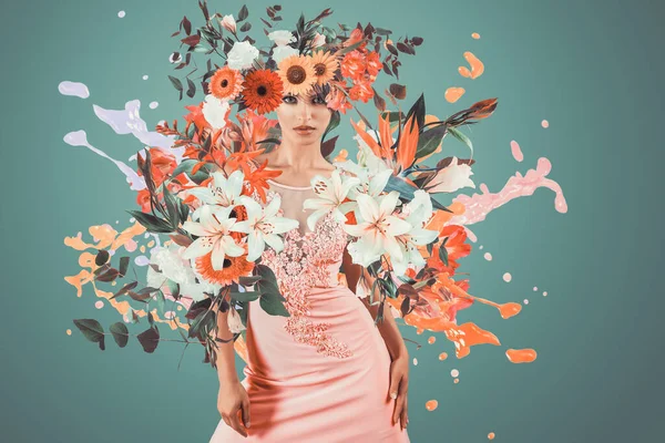 Retrato Colagem Arte Surreal Contemporânea Abstrata Mulher Jovem Com Flores — Fotografia de Stock
