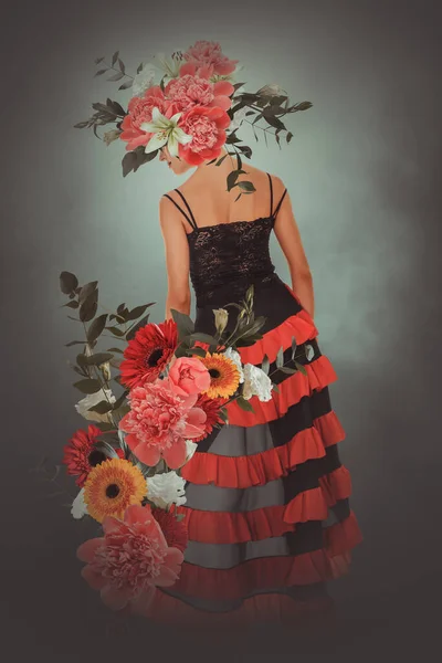Αφηρημένη Σύγχρονη Σουρεαλιστική Τέχνη Κολάζ Πορτρέτο Της Νεαρής Γυναίκας Λουλούδια — Φωτογραφία Αρχείου
