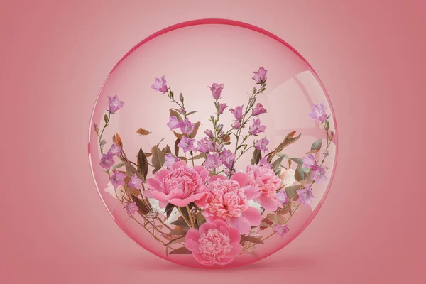 Piękne Świeże Kwiaty Projekt Kwiatowej Kartki Układ Kwiatowy Wewnątrz Szklanej — Zdjęcie stockowe