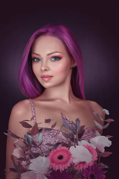 Abstrakt Samtida Konst Collage Porträtt Ung Kvinna Med Blommor — Stockfoto