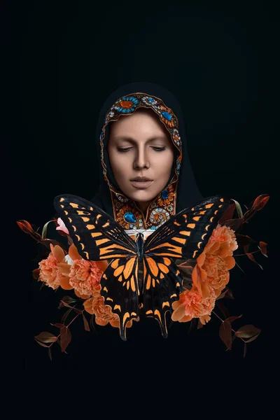 Surreal Portrait Woman Butterfly Flowers Dark Background — Foto Stock